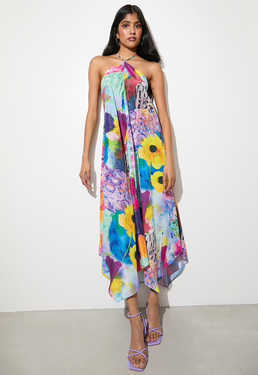 VELVET - Satin halter midi dress - watercolour reef