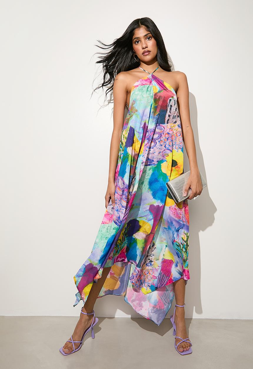 VELVET - Satin halter midi dress - watercolour reef