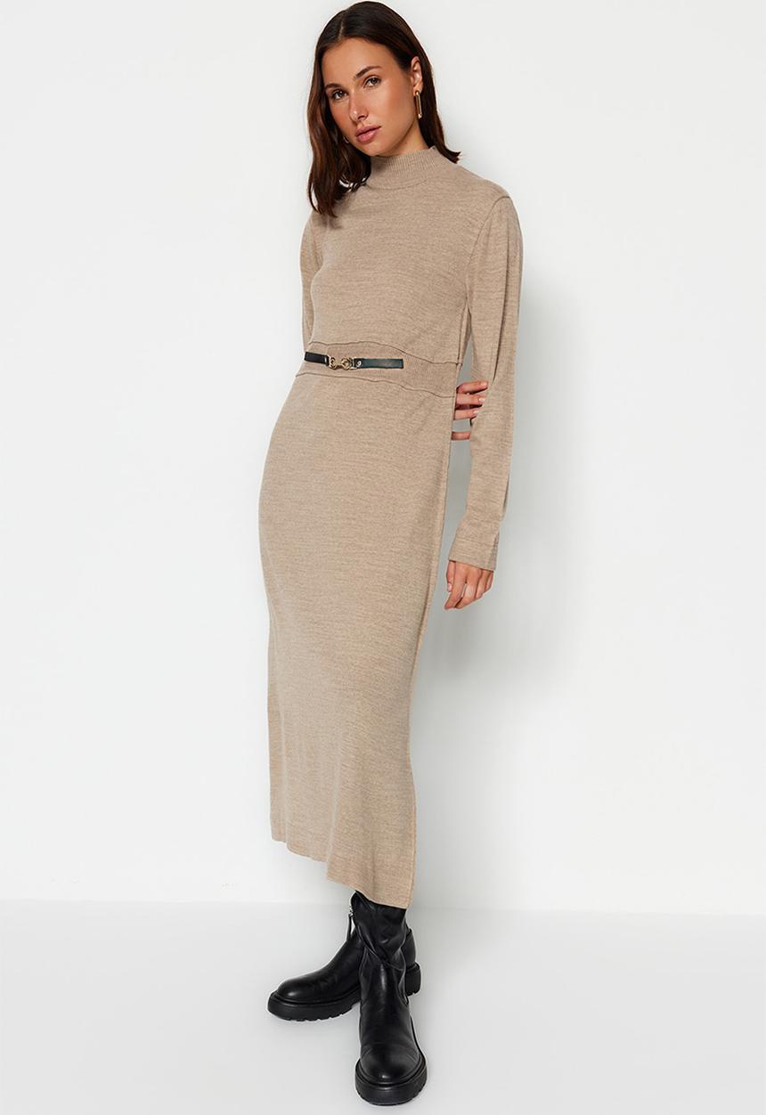 Trendyol - Modest knitwear dress with accessory - beige