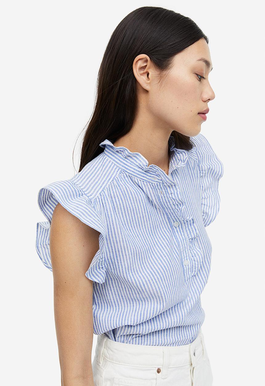 H&M - Frill-trimmed linen-blend blouse - blue