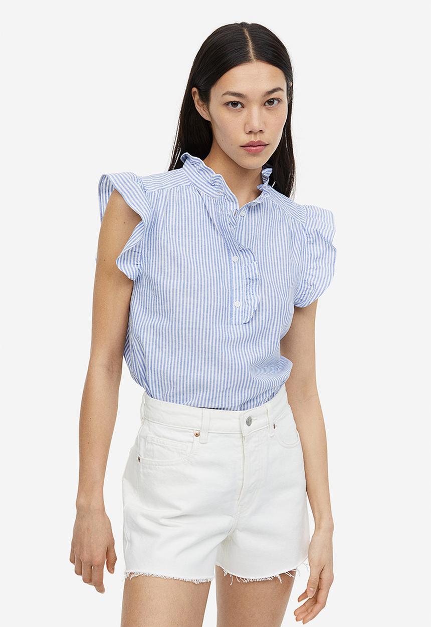 H&M - Frill-trimmed linen-blend blouse - blue