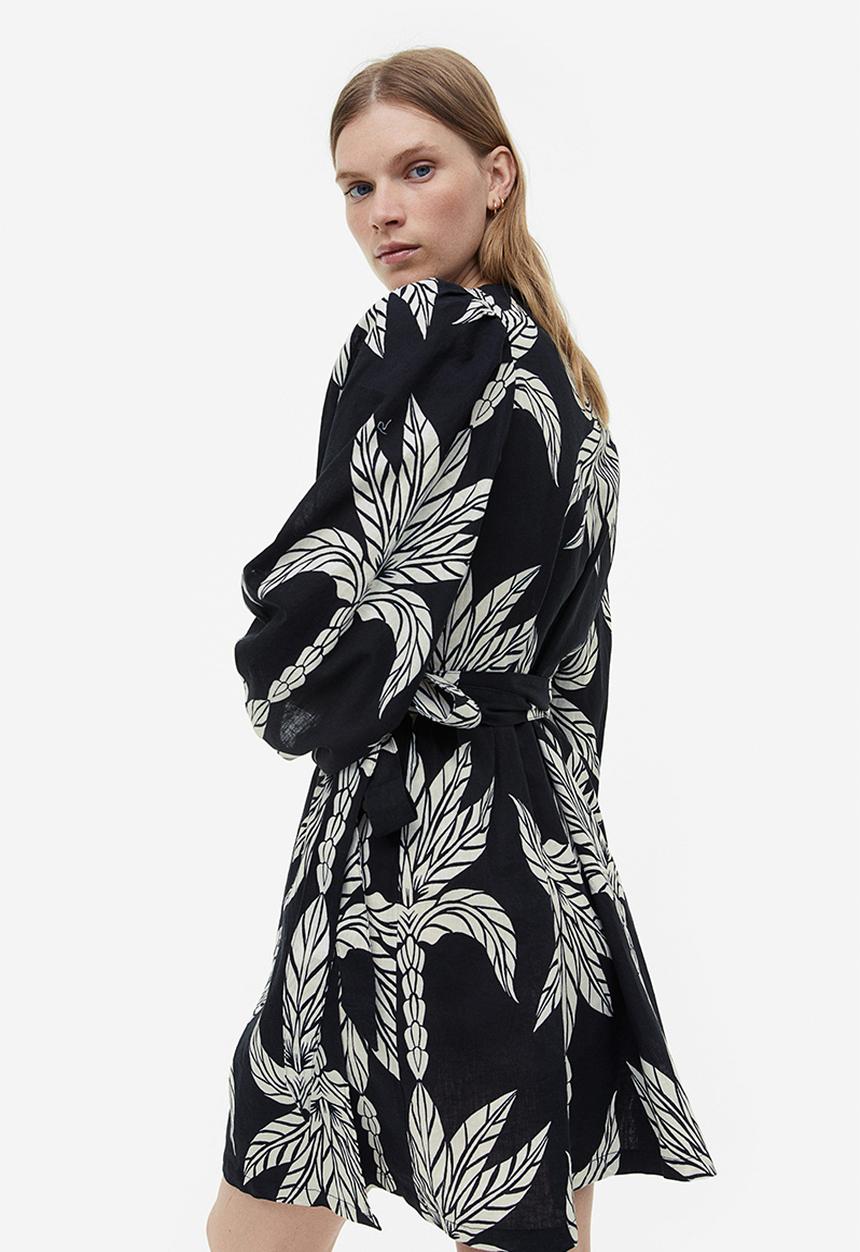 H&M - Linen-blend wrap dress - black