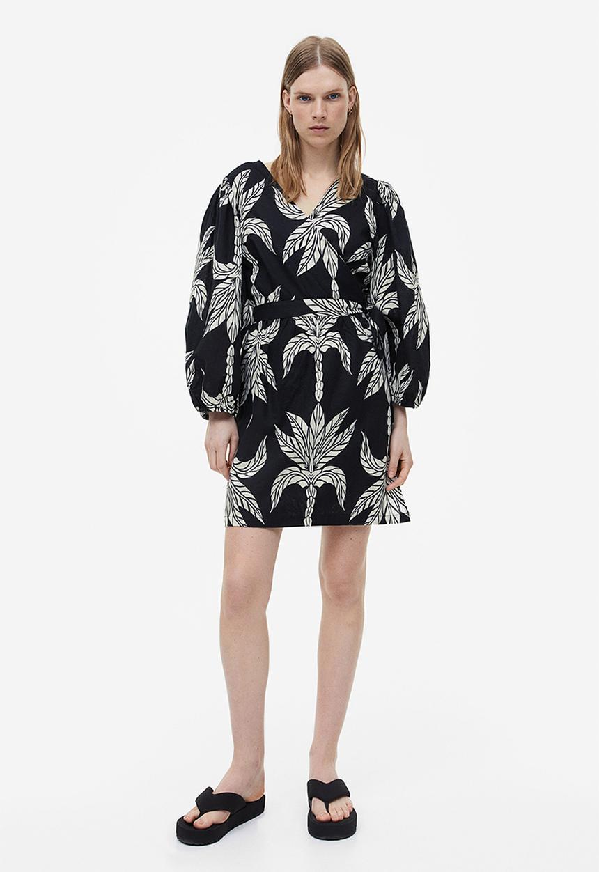 H&M - Linen-blend wrap dress - black