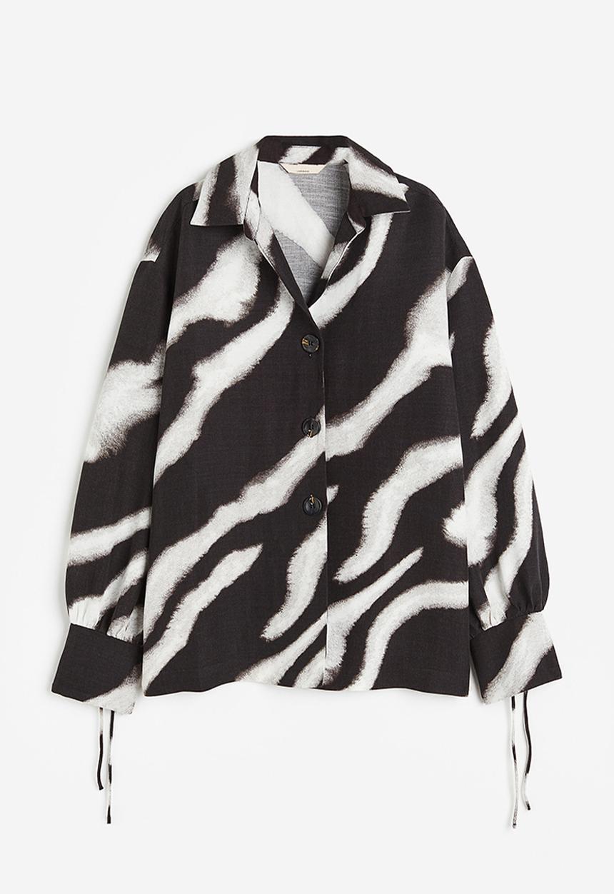 H&M - Linen-blend tie-detail shirt - black