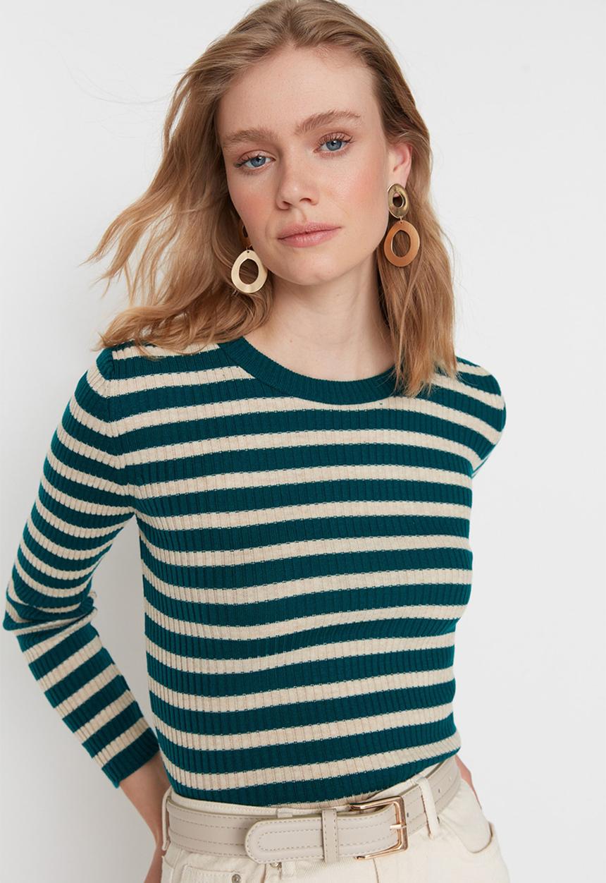 Trendyol - Basic striped sweater - green