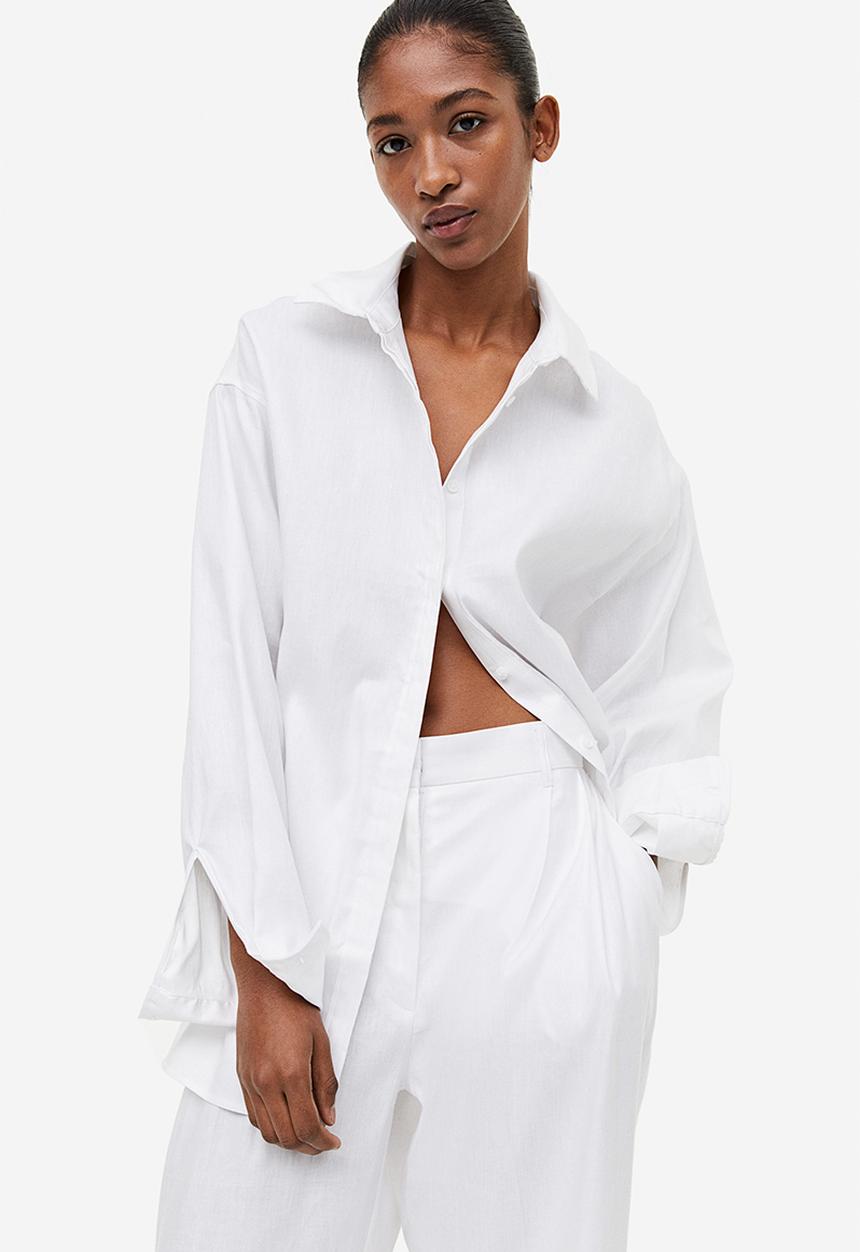 H&M - Lace-back linen-blend shirt - white