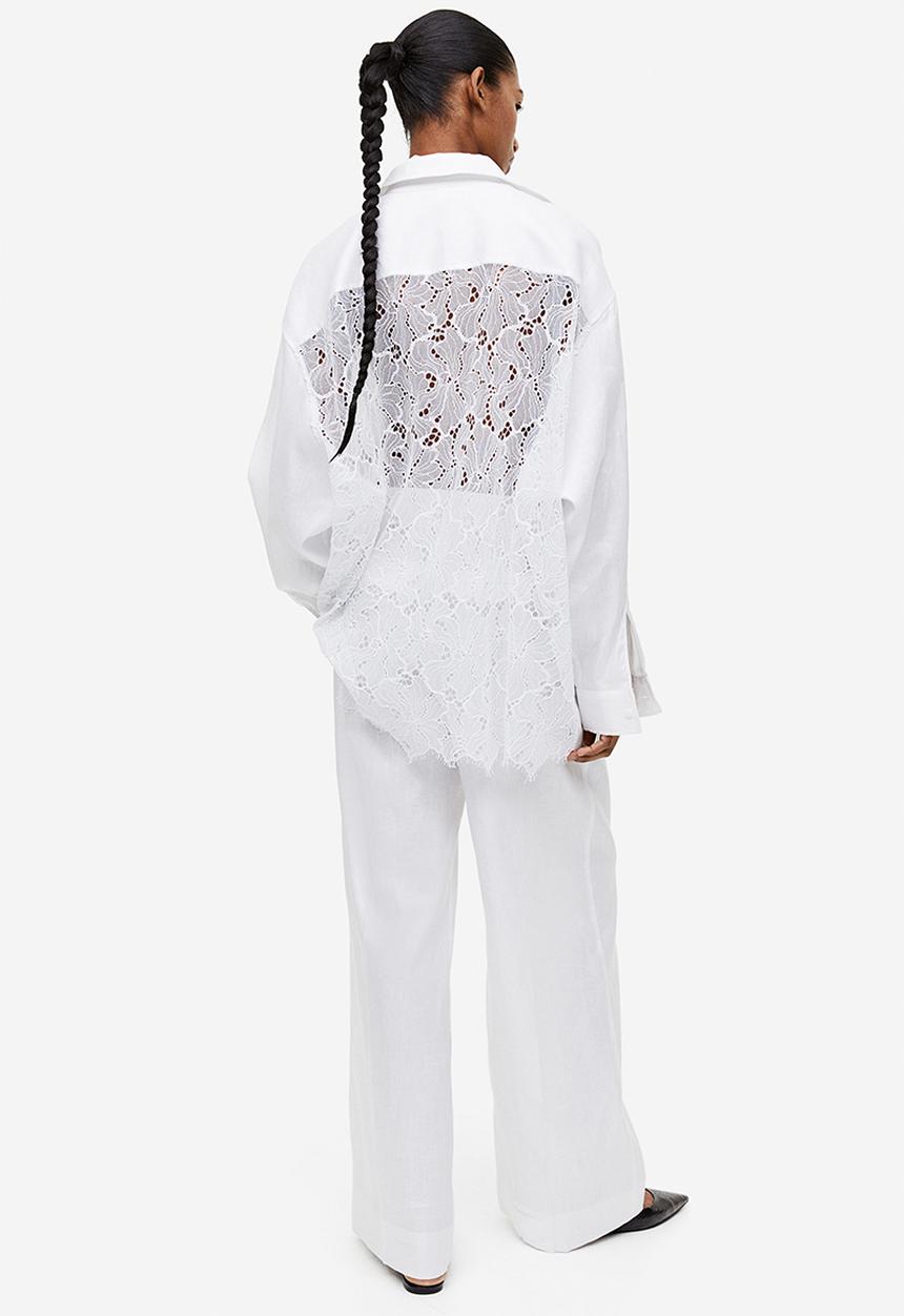 H&M - Lace-back linen-blend shirt - white