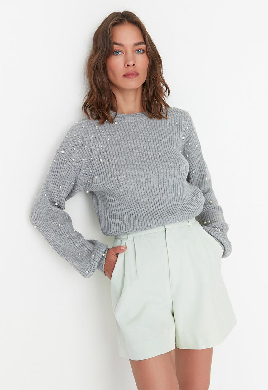 Trendyol - Pearl detail crewneck sweater - grey