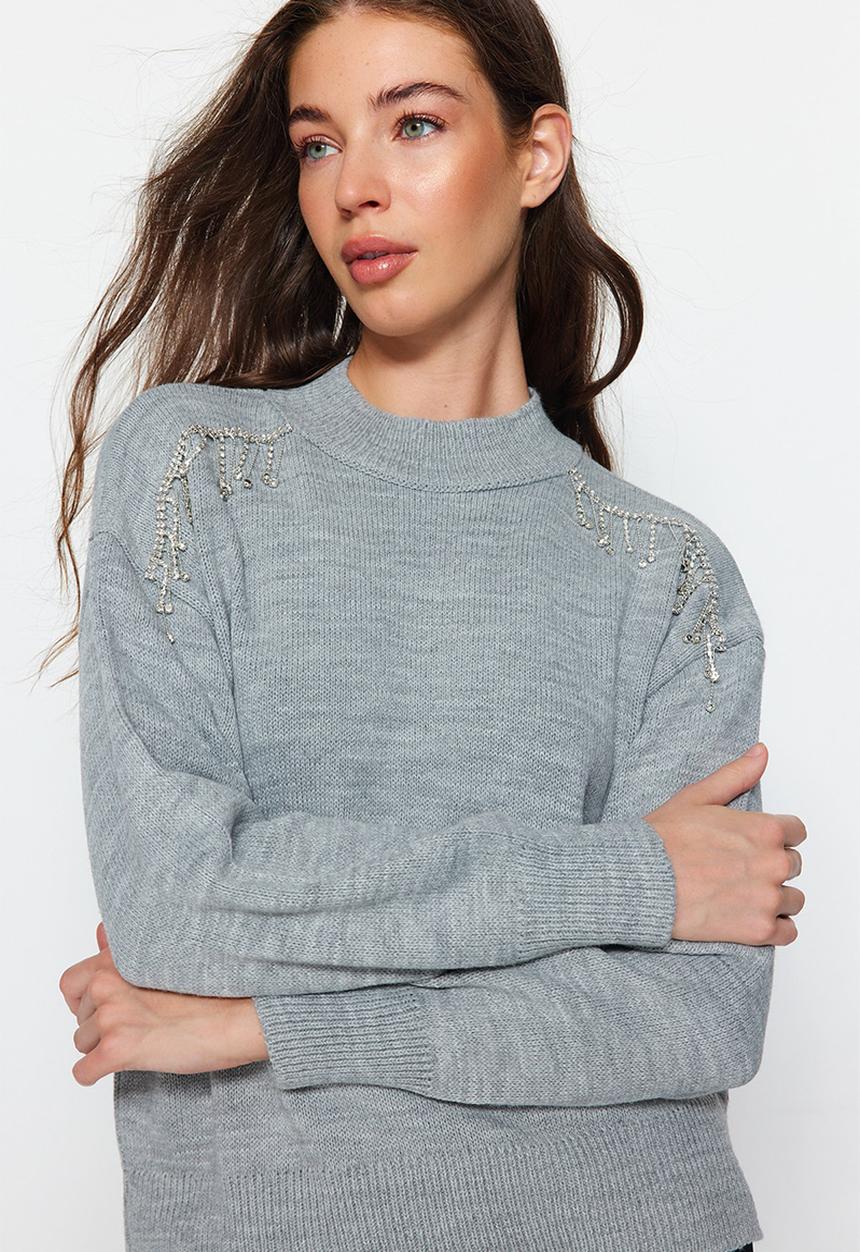 Trendyol - Stone detail crewneck sweater - grey