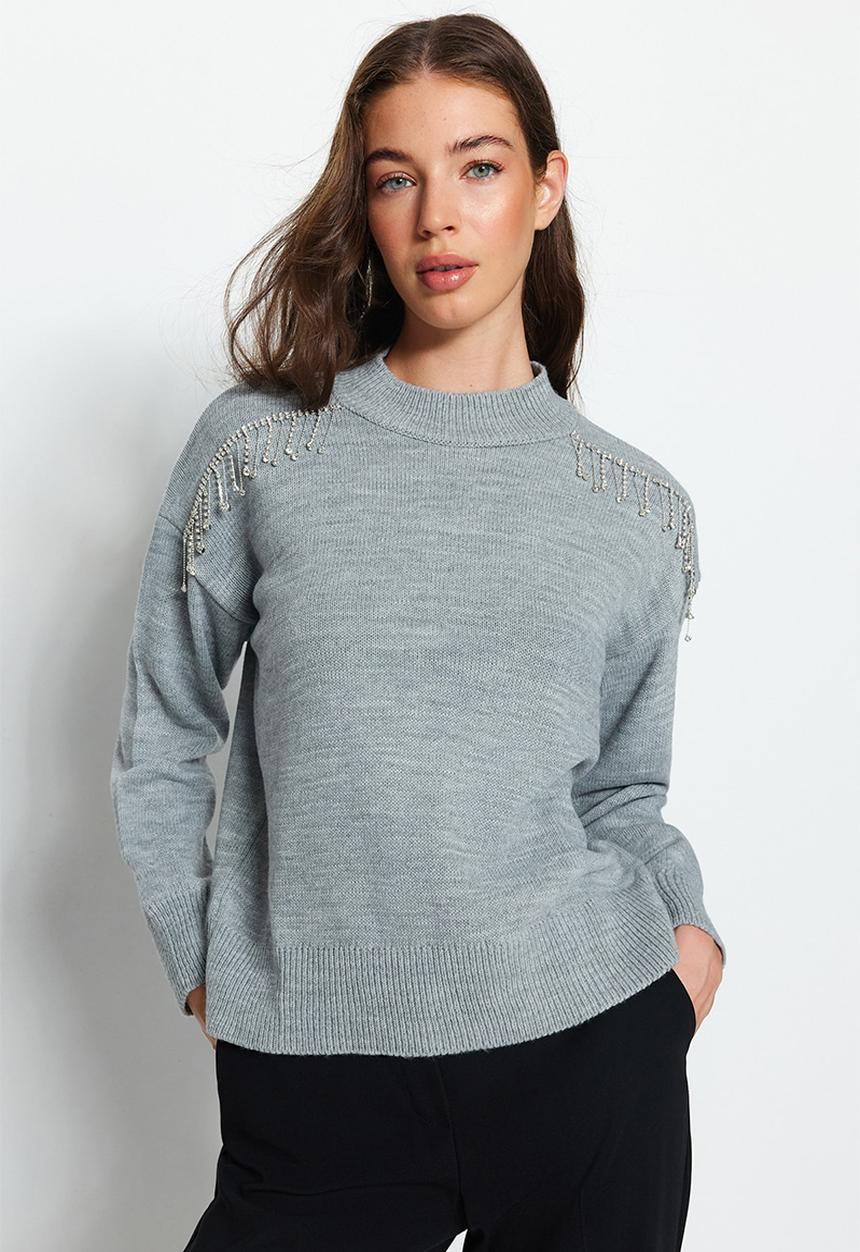 Trendyol - Stone detail crewneck sweater - grey