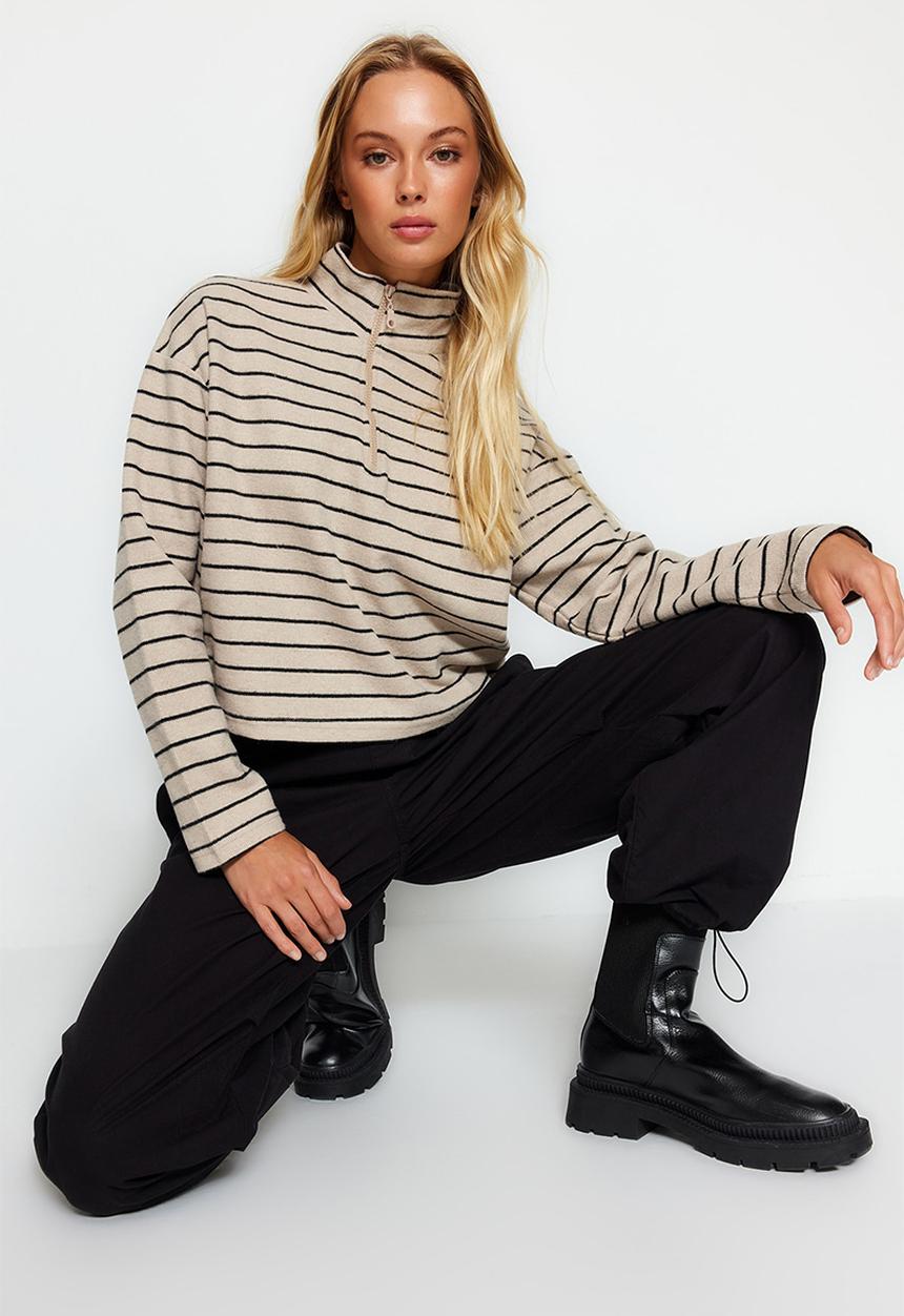 Trendyol - Striped zippered collar sweatshirt - light beige