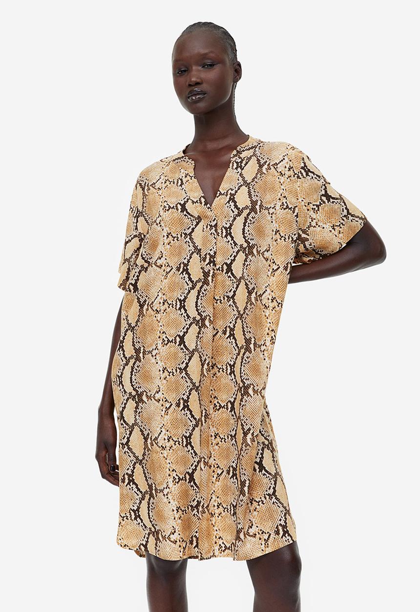 H&M - V-neck tunic - beige/snakeskin-patterned