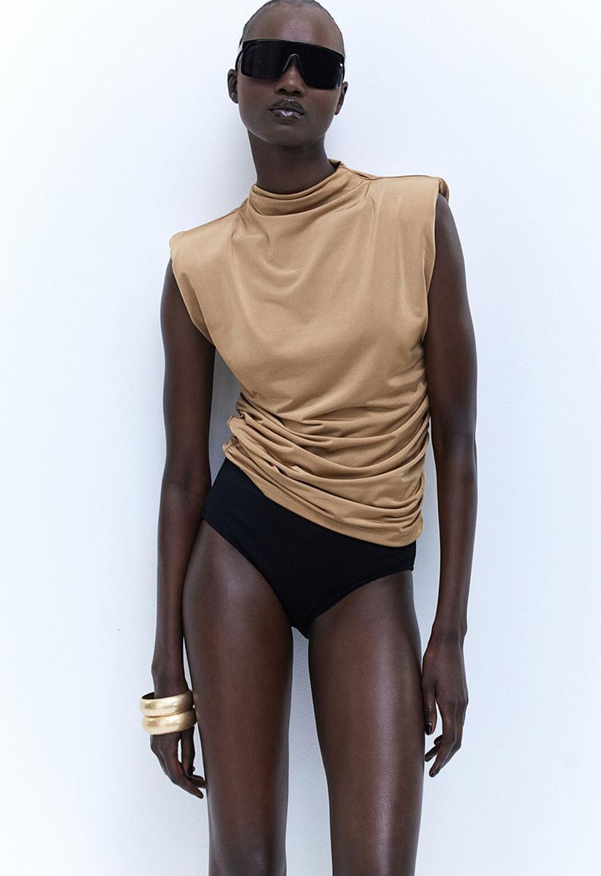 H&M - Draped shoulder-pad top - dark beige