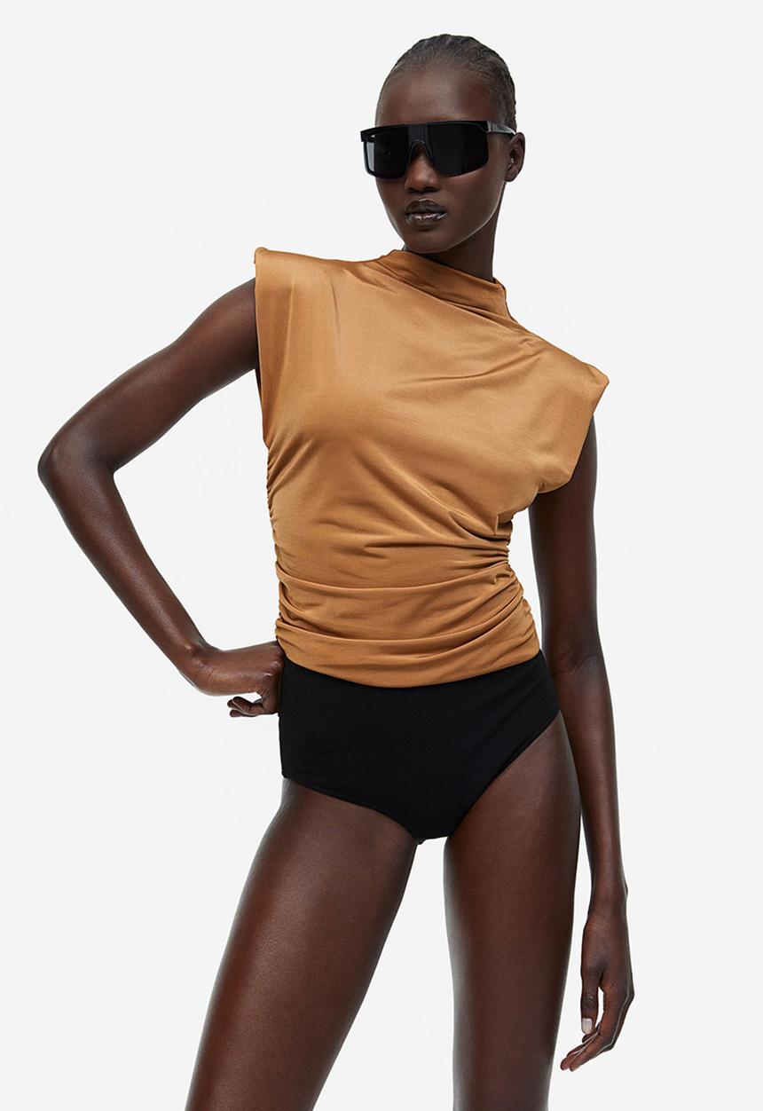 H&M - Draped shoulder-pad top - dark beige