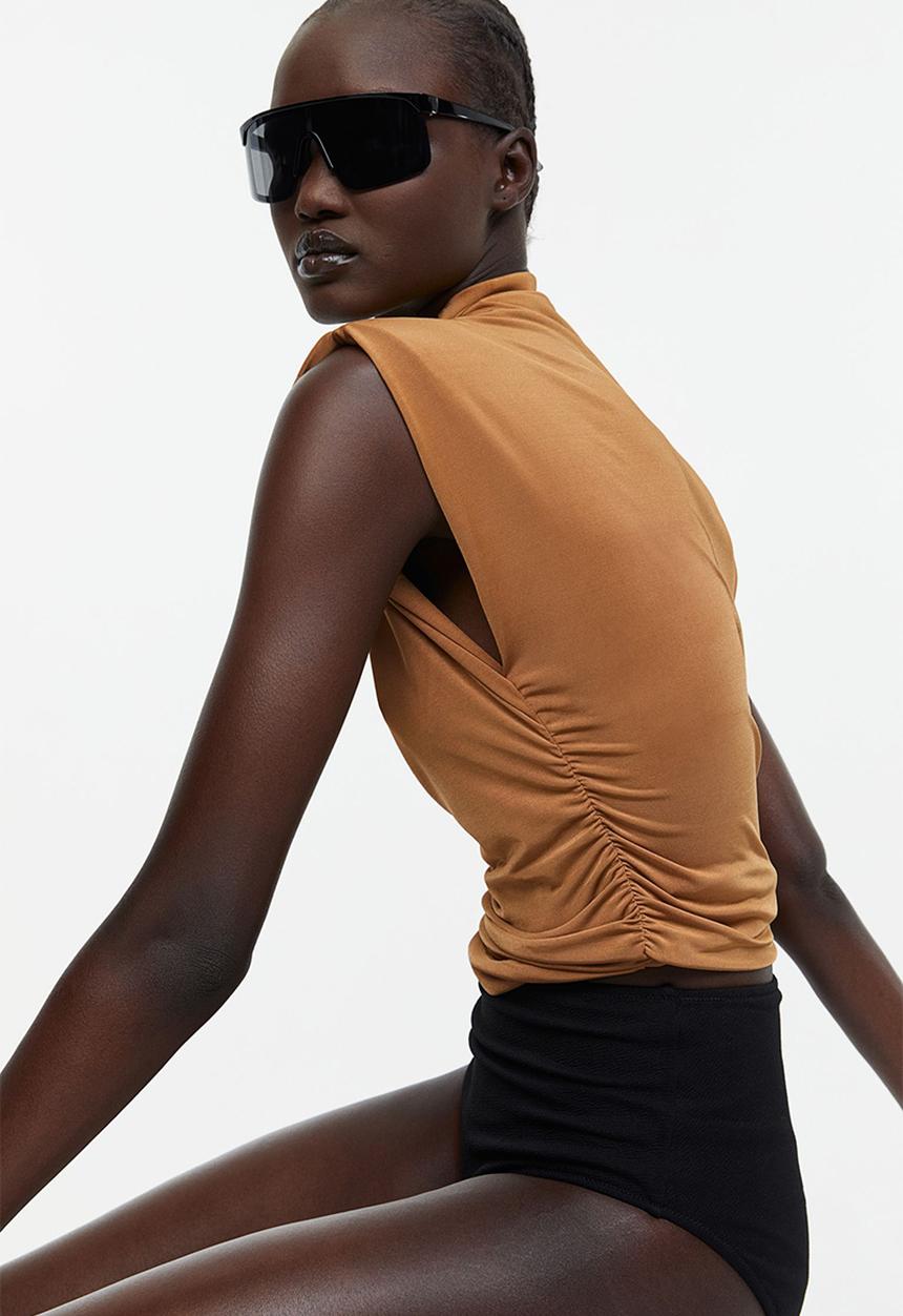 H&M - Draped shoulder-pad top - dark beige