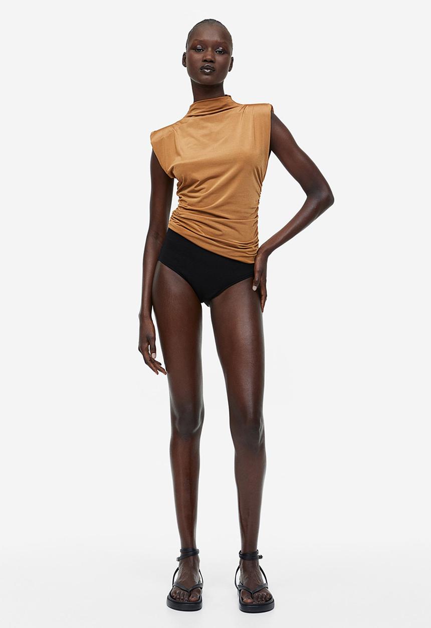 H&M - Draped shoulder-pad top - dark beige