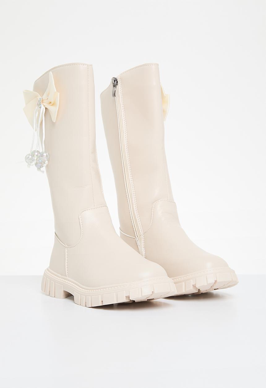 Pop Candy - Bowknot décor knee high boots - beige