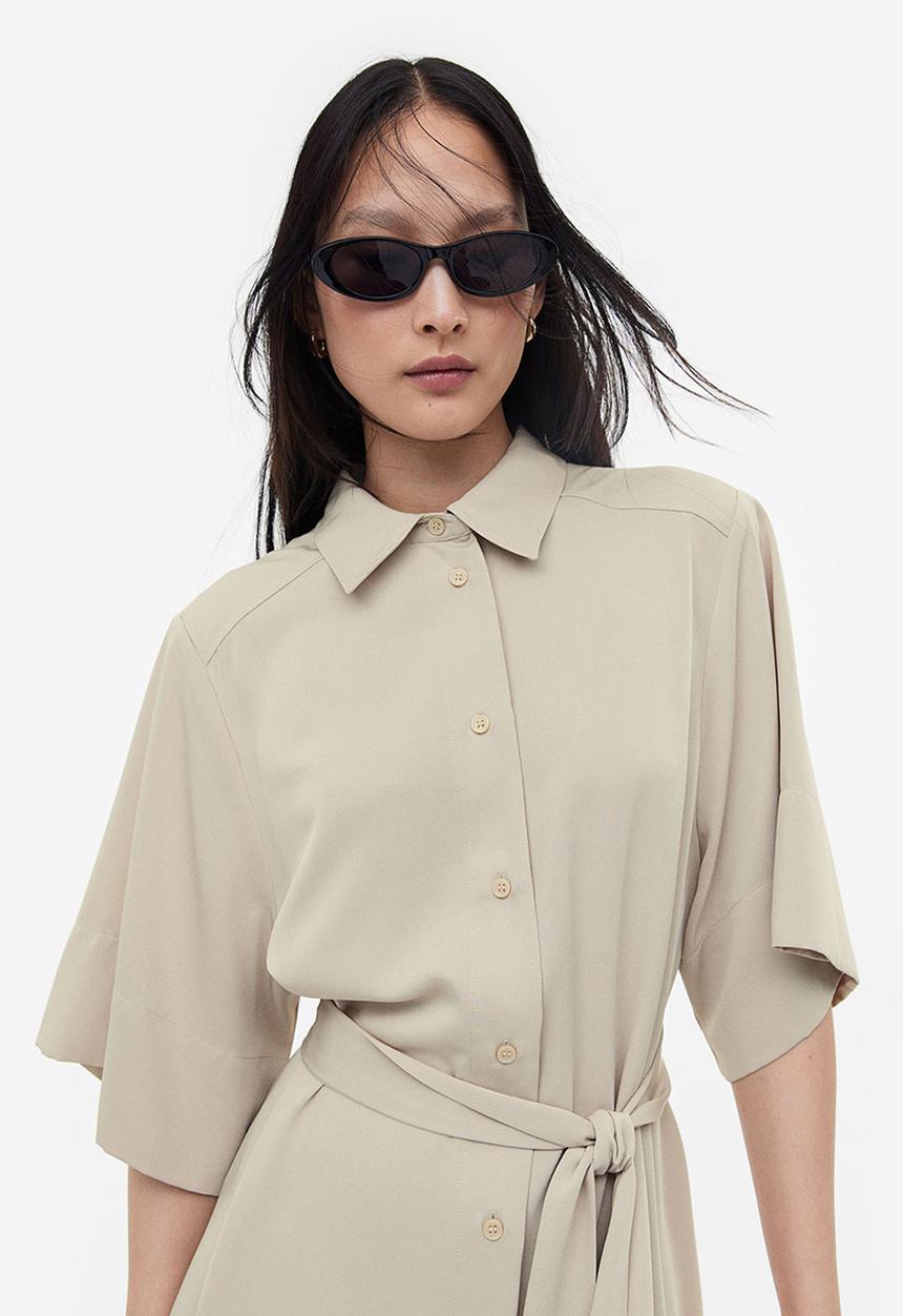 H&M - Tie-belt shirt dress - light beige