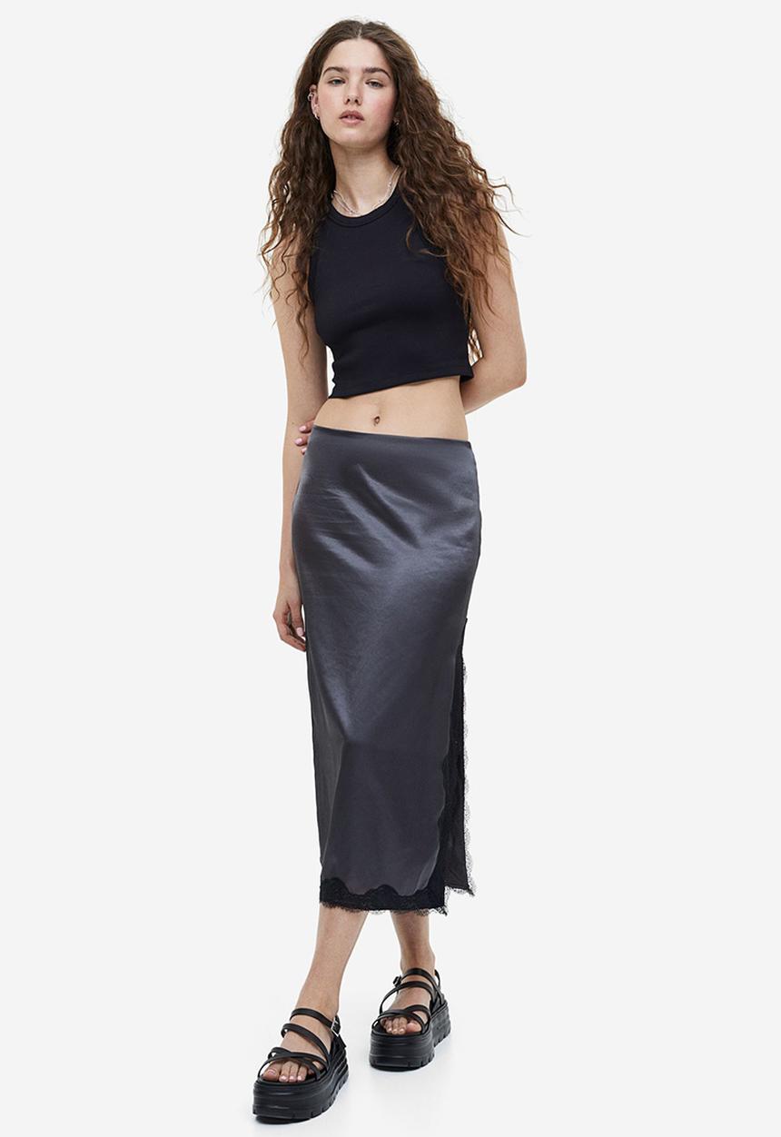 H&M - Lace-trimmed satin skirt - dark grey