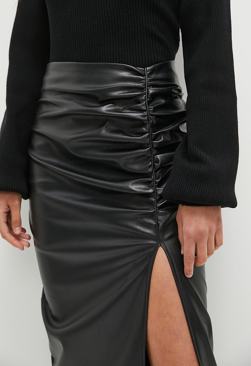 dailyfriday - Ruched PU midi skirt - black