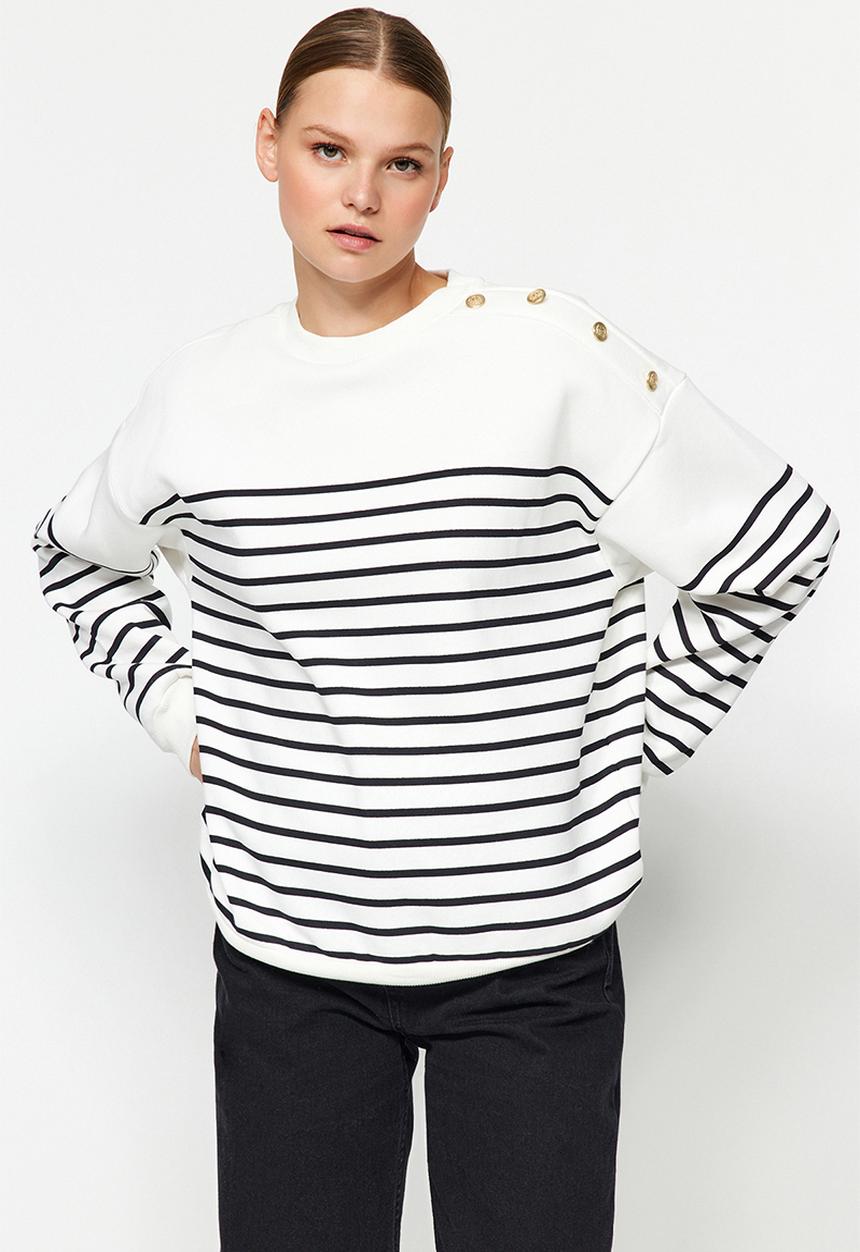 Trendyol - Striped button detail fleece sweatshirt - ecru