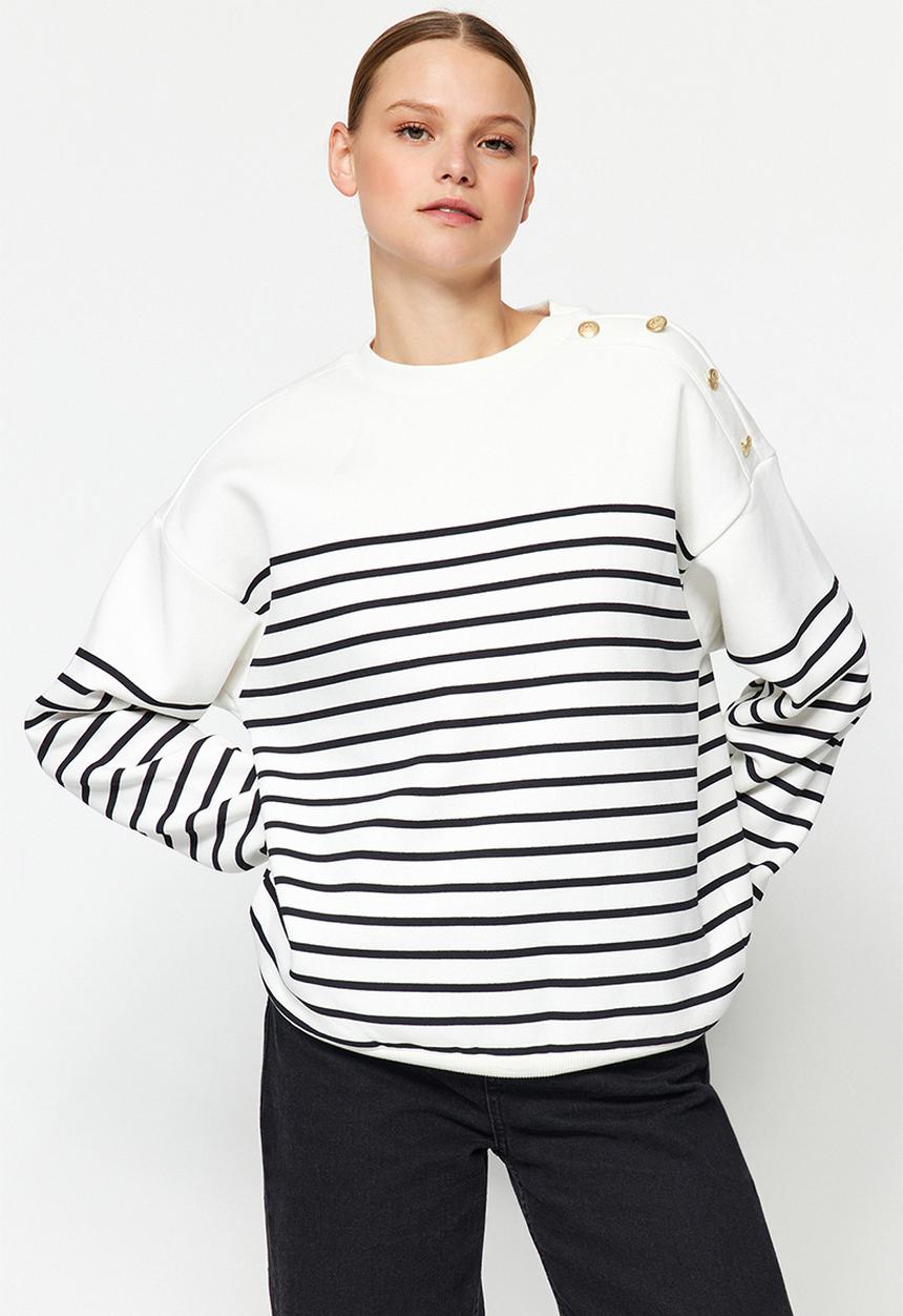 Trendyol - Striped button detail fleece sweatshirt - ecru