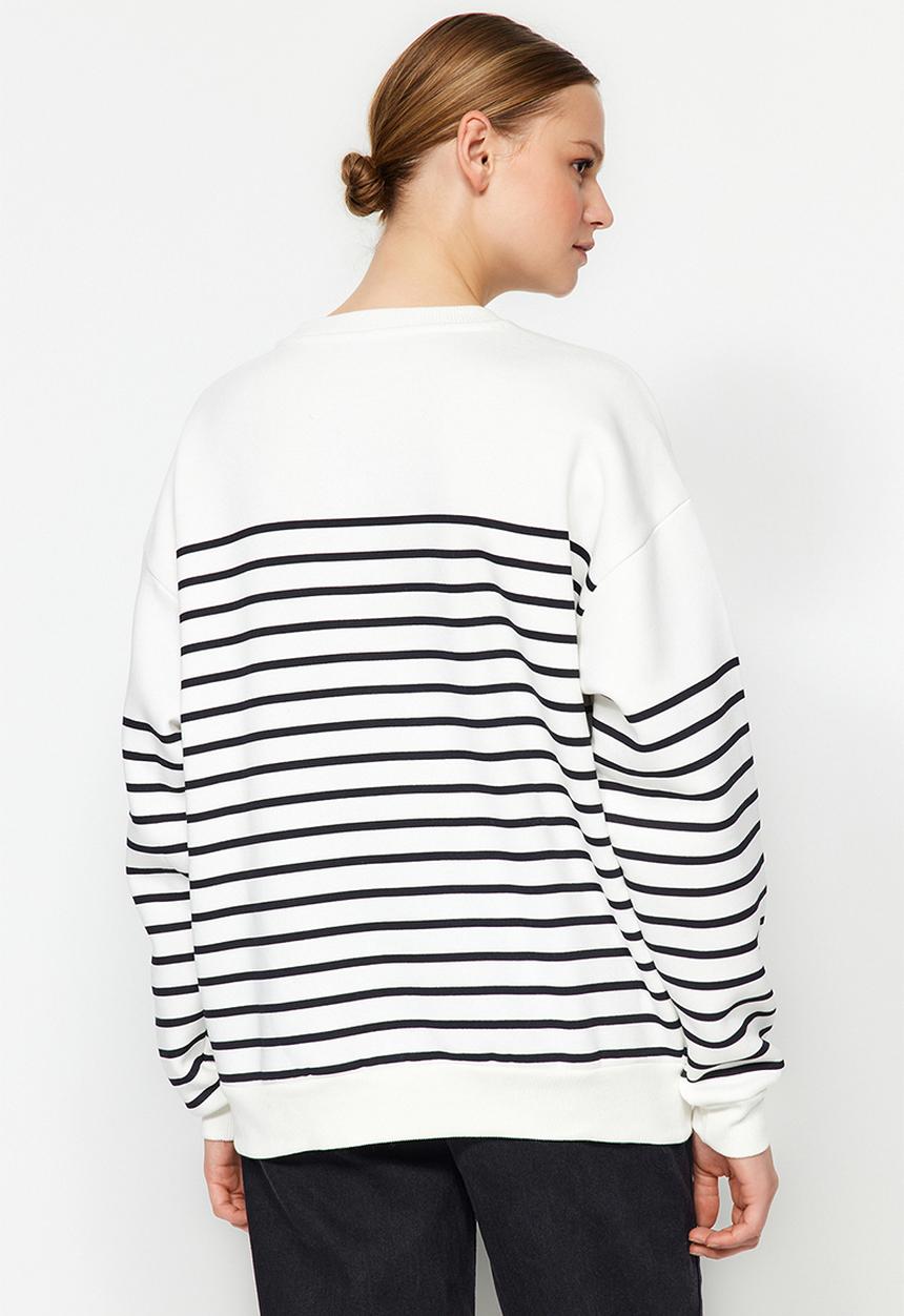 Trendyol - Striped button detail fleece sweatshirt - ecru