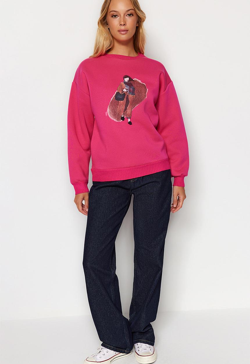Trendyol - Printed fleece regular fit sweatshirt - fuchsia