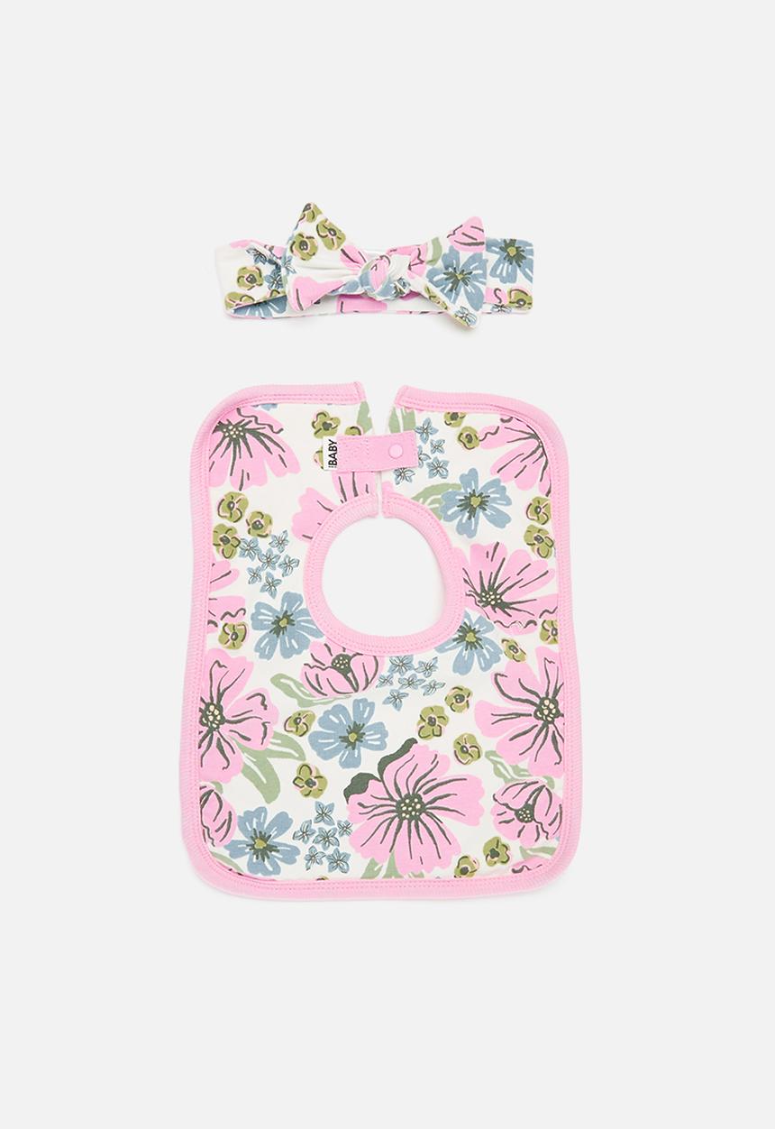 Cotton On - Bundle square bib and bow tie headband - vanilla/shae floral