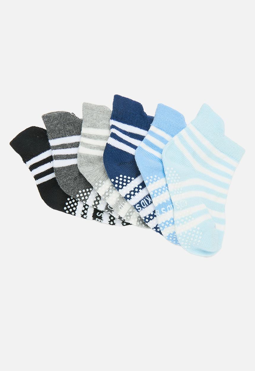 Pop Candy - 6 Pack striped ankle socks - grey & blue multi