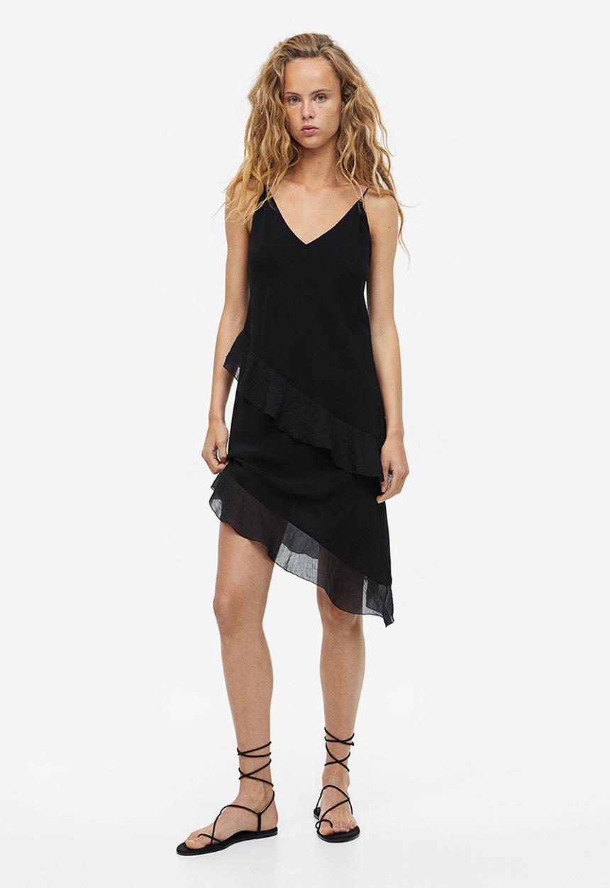 H&M - Flounced satin slip dress - black
