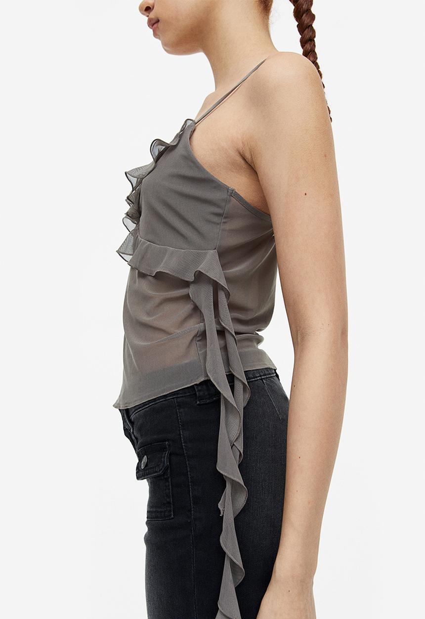 H&M - Frill-trimmed strappy top - dark greige