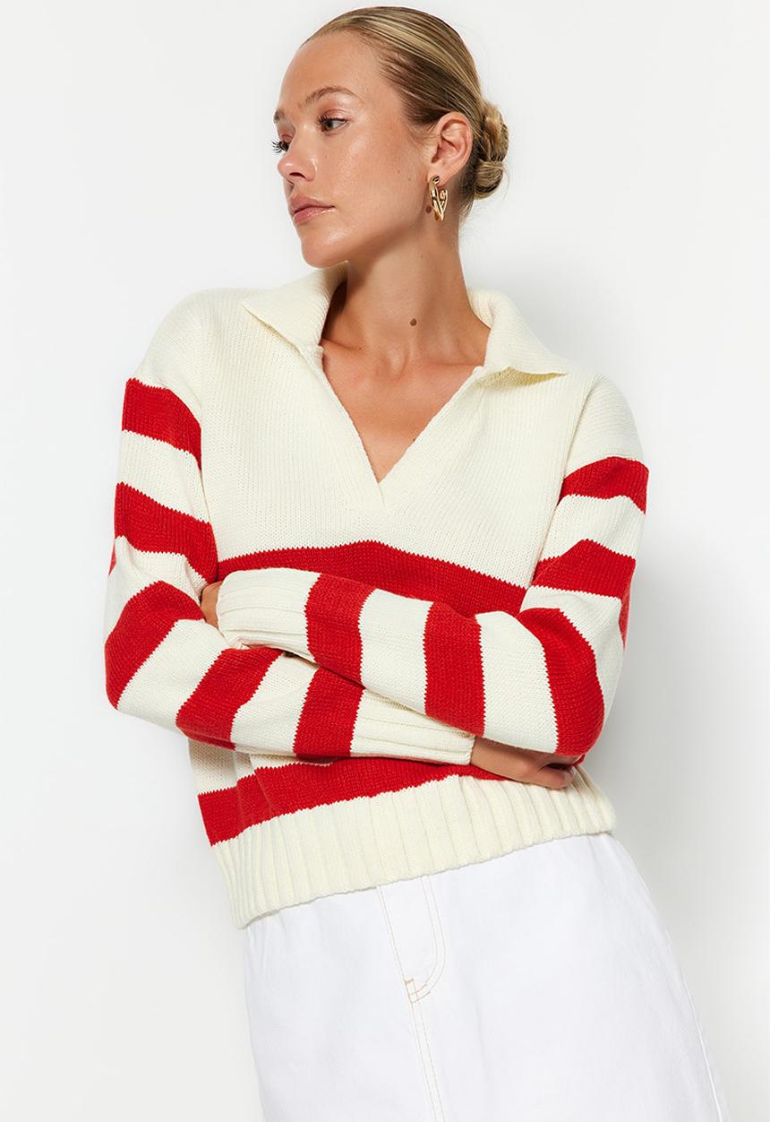 Trendyol - Bold striped sweater - ecru/red