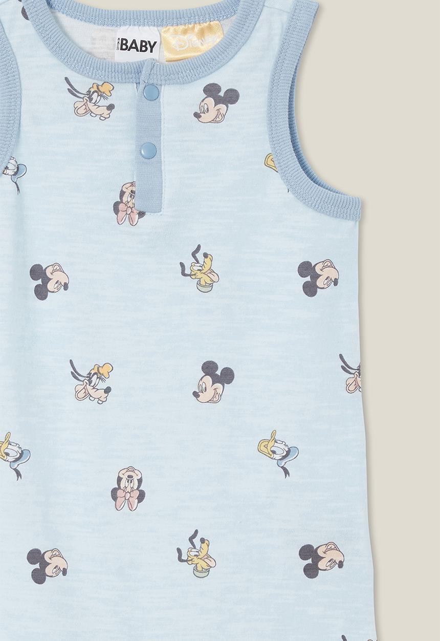 Cotton On - Sid slub sleeveless playsuit - lcn dis frosty blue/mickey and mates faces