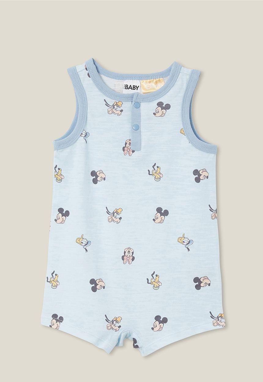 Cotton On - Sid slub sleeveless playsuit - lcn dis frosty blue/mickey and mates faces