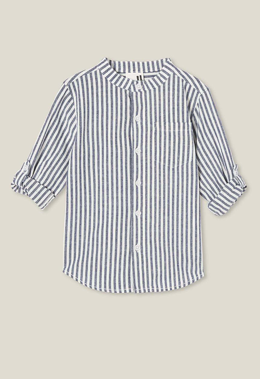 Cotton On - Grandpa collar prep shirt - in the navy/vanilla stripe