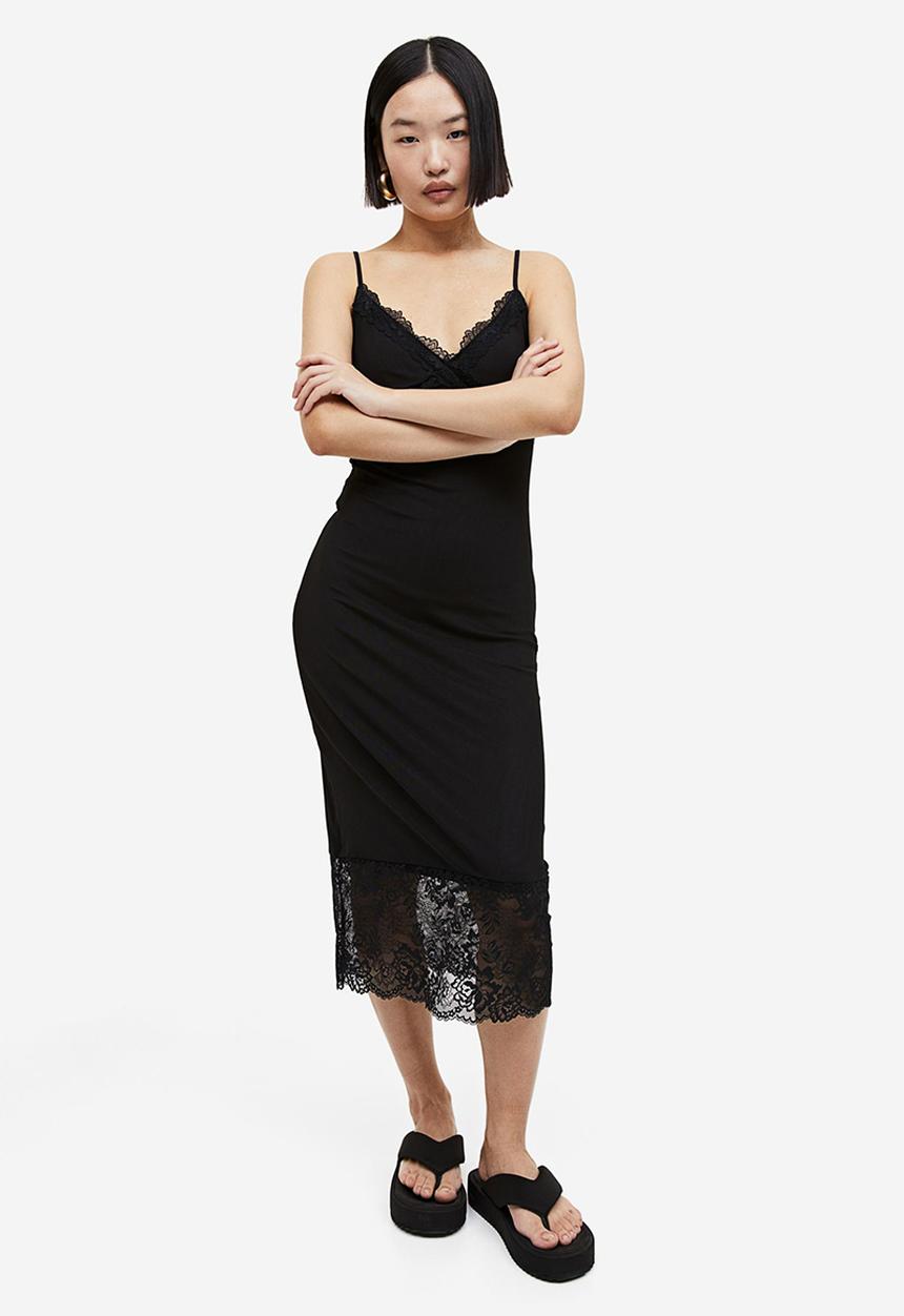 H&M - Lace-trimmed mesh dress - black