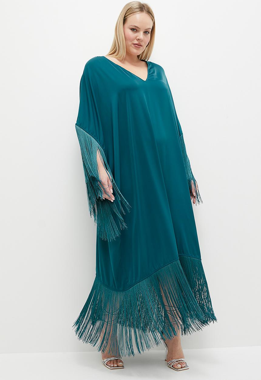 VELVET - Extended sleeve embroidery empire dress - teal