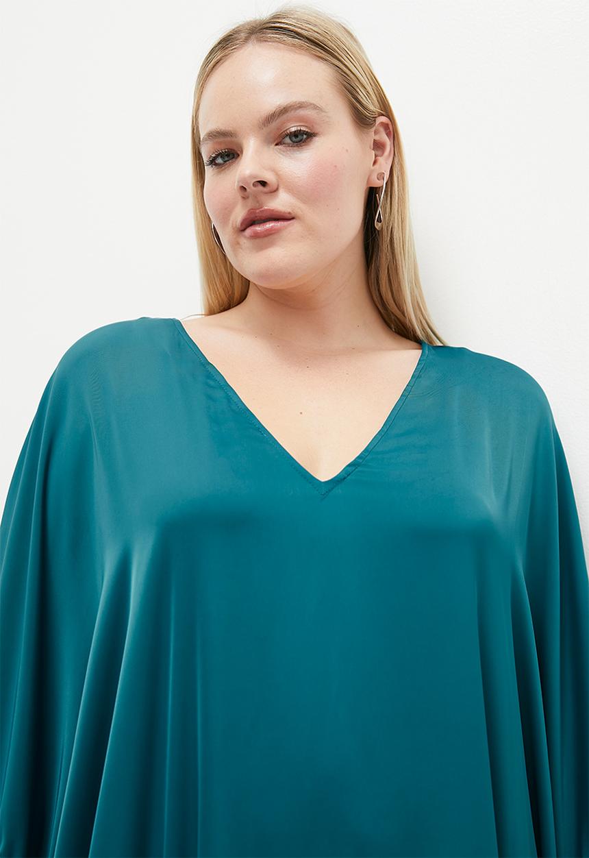 VELVET - Extended sleeve embroidery empire dress - teal