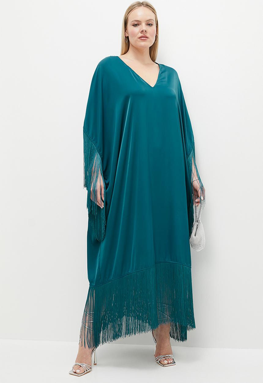 VELVET - Extended sleeve embroidery empire dress - teal