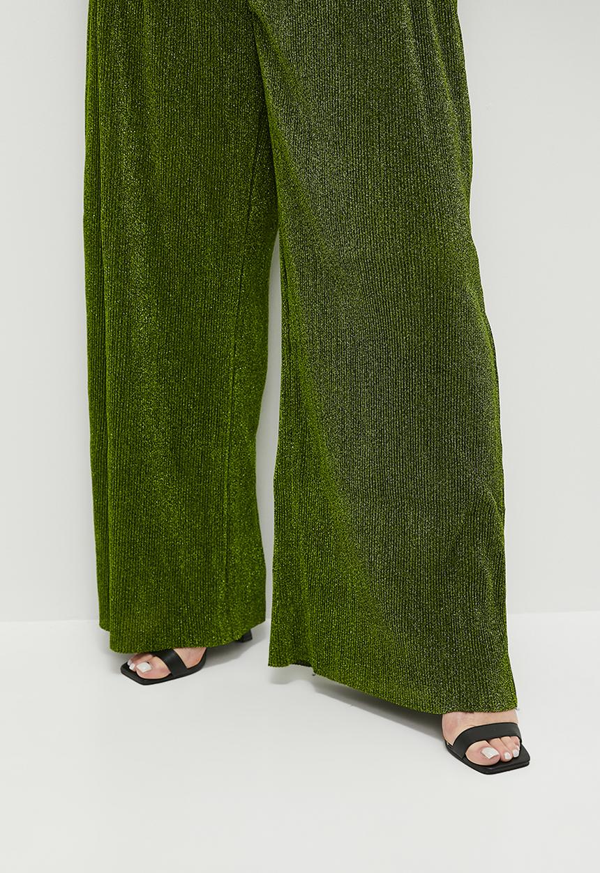 Glamorous - Plus Plisse Glitter Trousers - Green