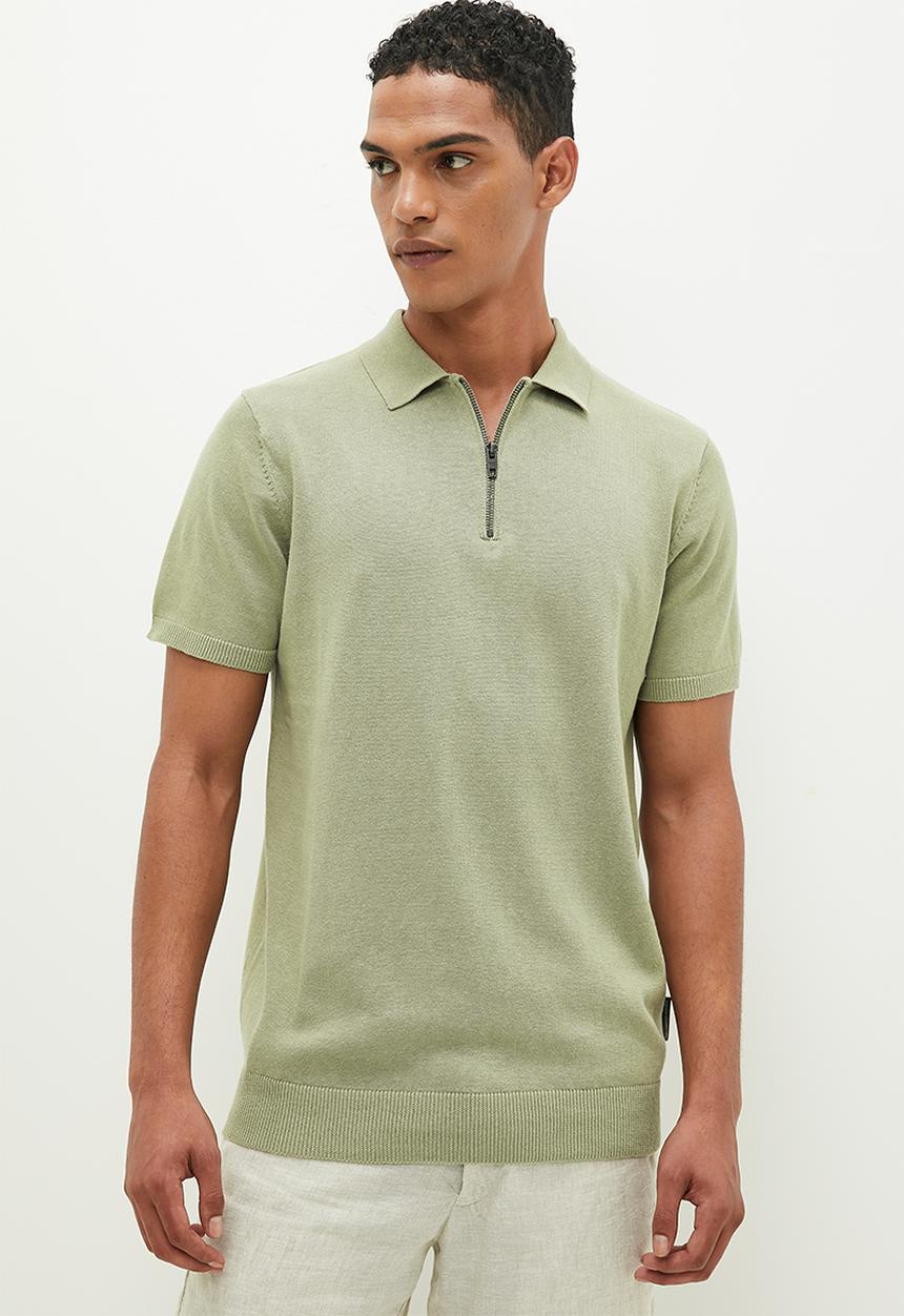French Connection - Cotton zip polo short sleeve - new sage