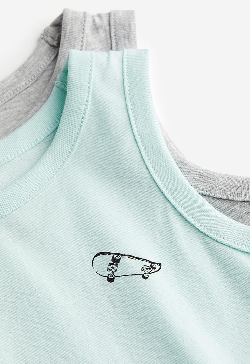 H&M - 2-pack cotton vest tops - light turquoise & skateboard