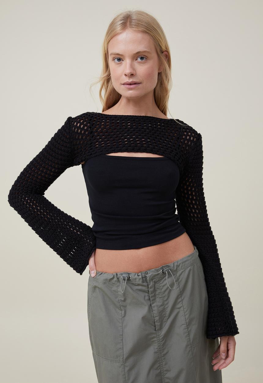 Cotton On - Crochet Bell Sleeve Shrug - Black