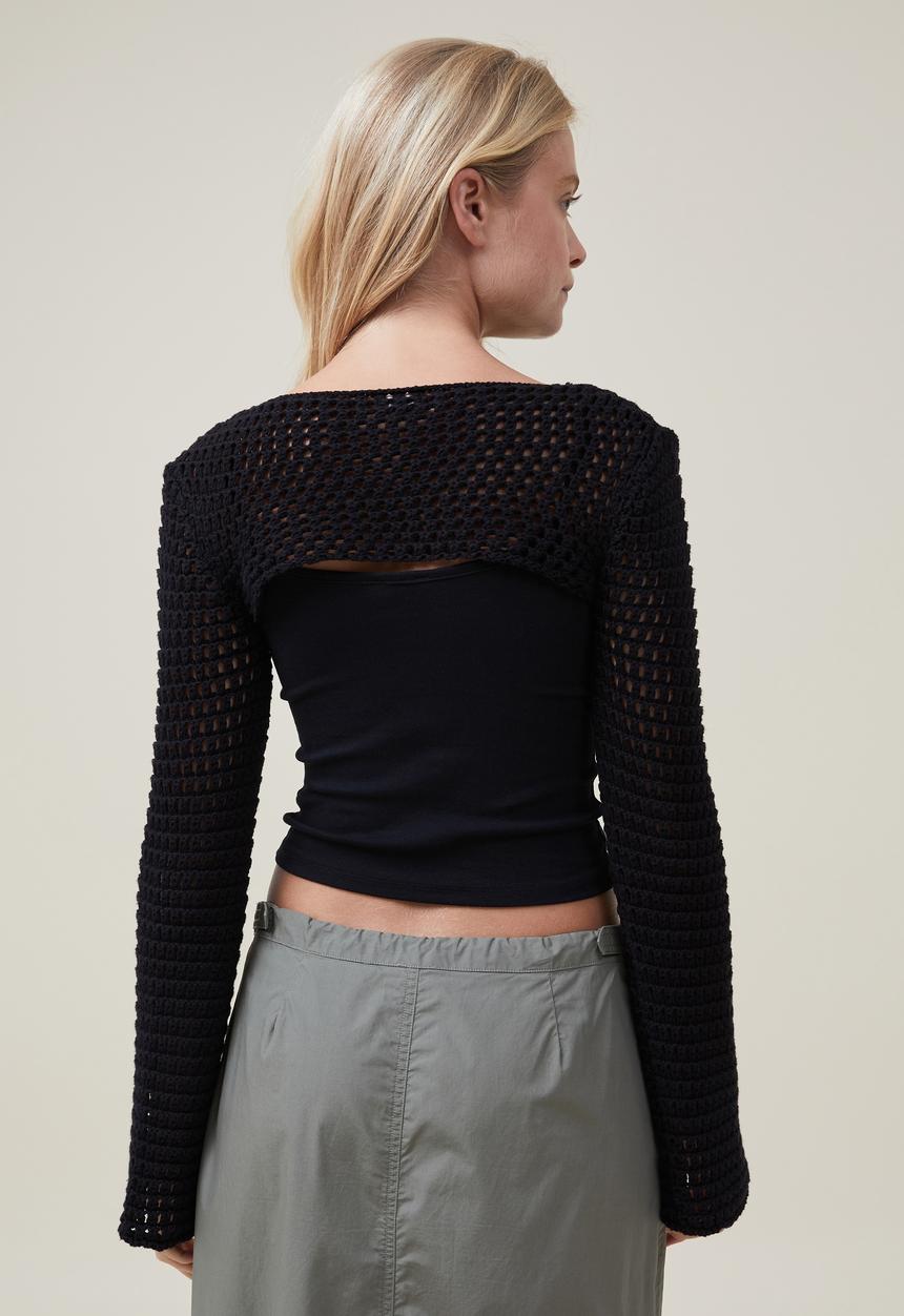 Cotton On - Crochet Bell Sleeve Shrug - Black