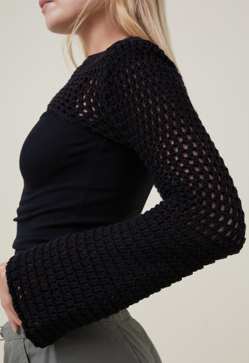 Cotton On - Crochet Bell Sleeve Shrug - Black