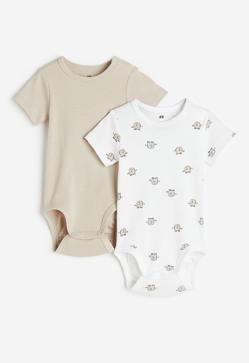 H&M - 2-Pack short-sleeved bodysuits -  light beige elephants 