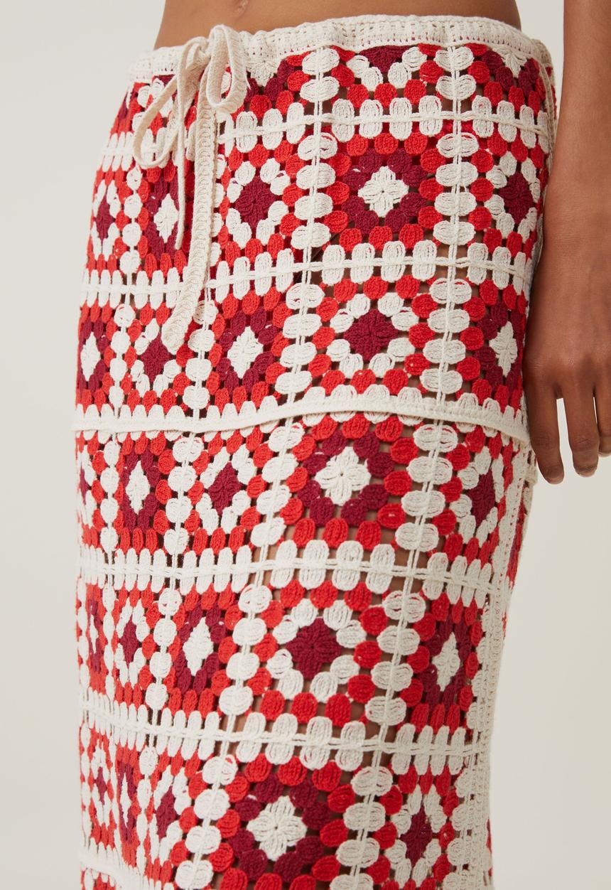 Cotton On - Crochet Knit Maxi Skirt - Ecru & Summer Red