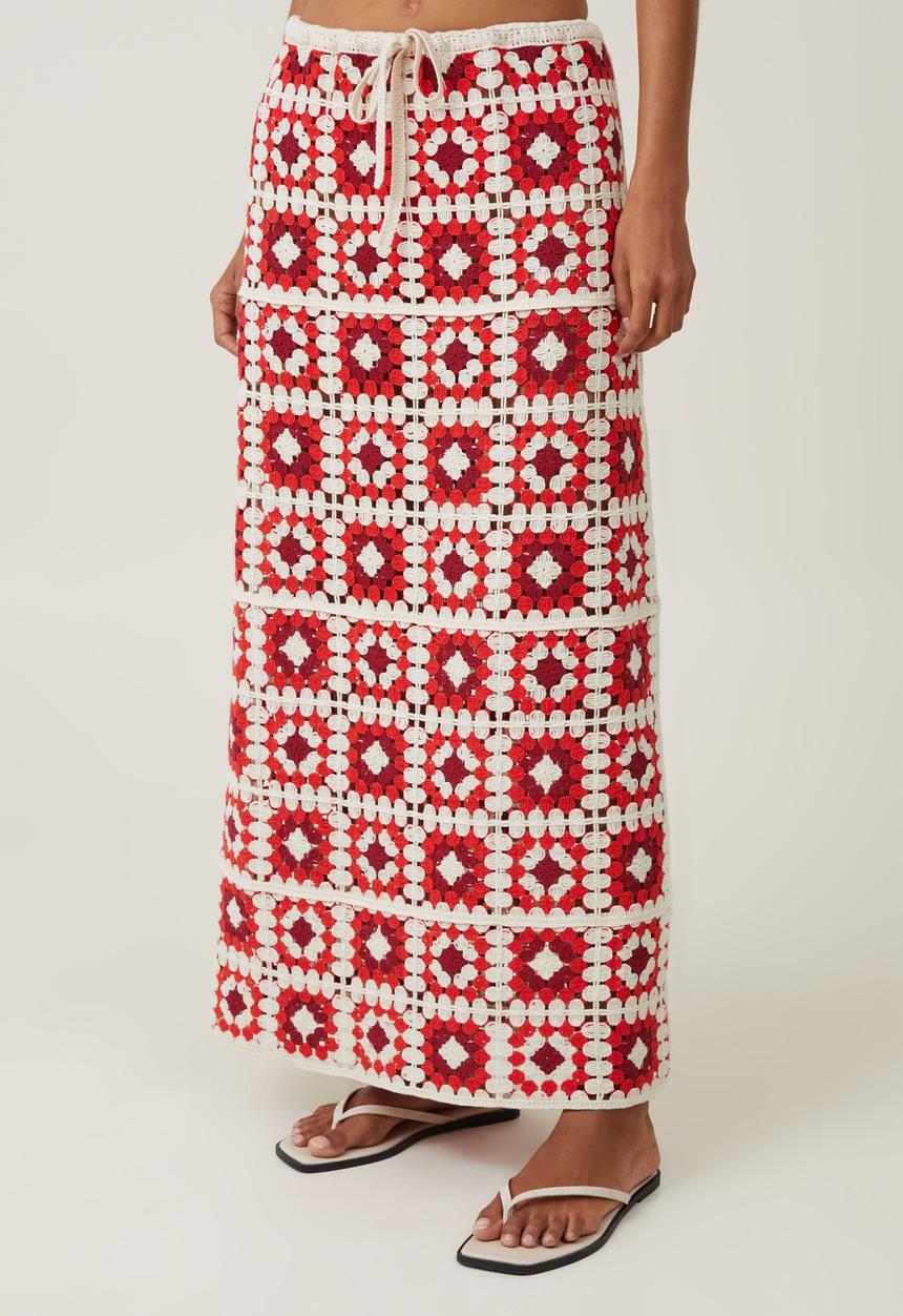 Cotton On - Crochet Knit Maxi Skirt - Ecru & Summer Red