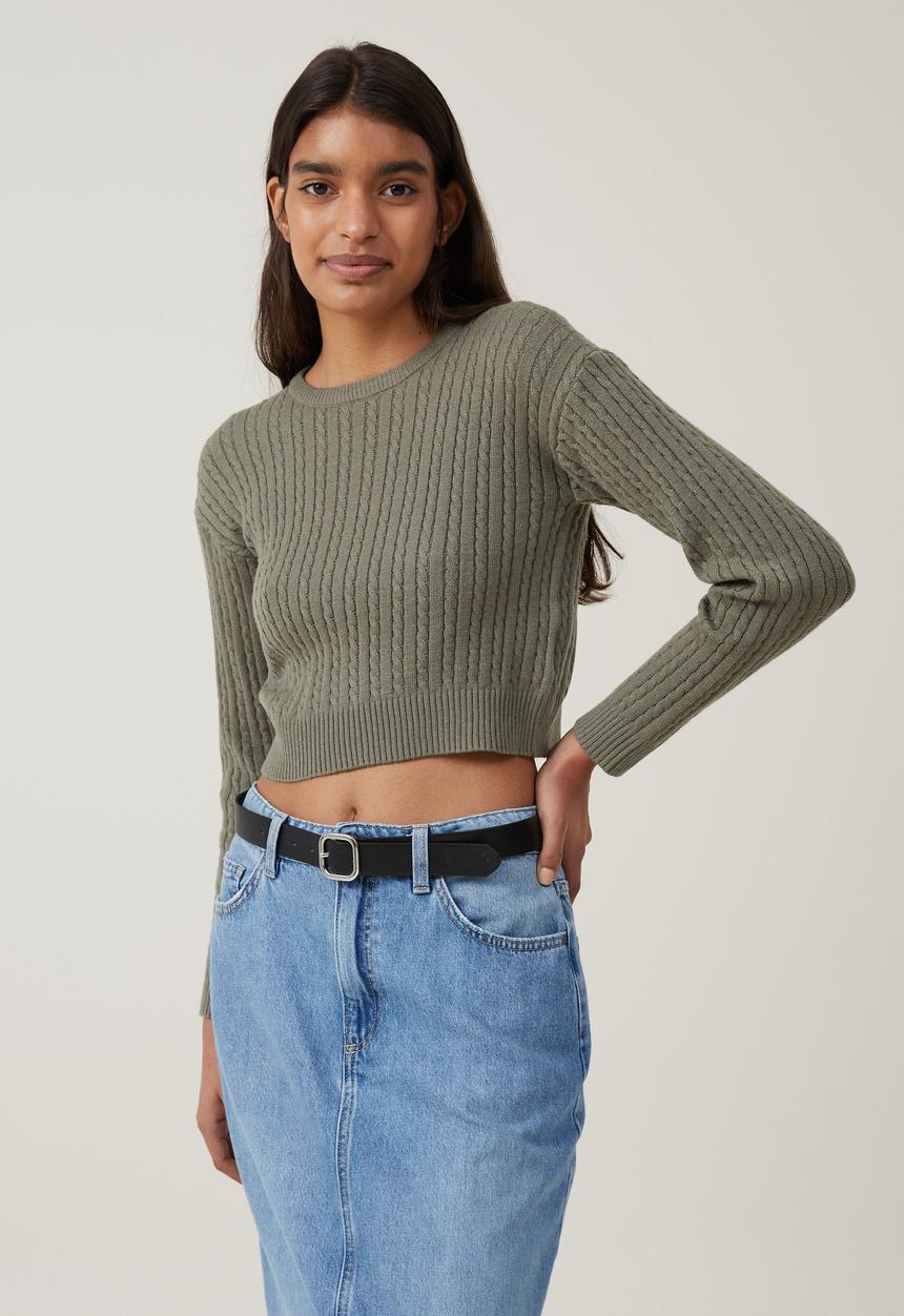 Cotton On - Everfine Cable Crew Neck Pullover - Woodland